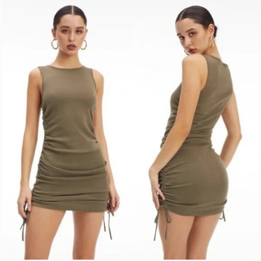 Good American Ribbed Knit Drawstring Side Ruched Tank Mini Dress